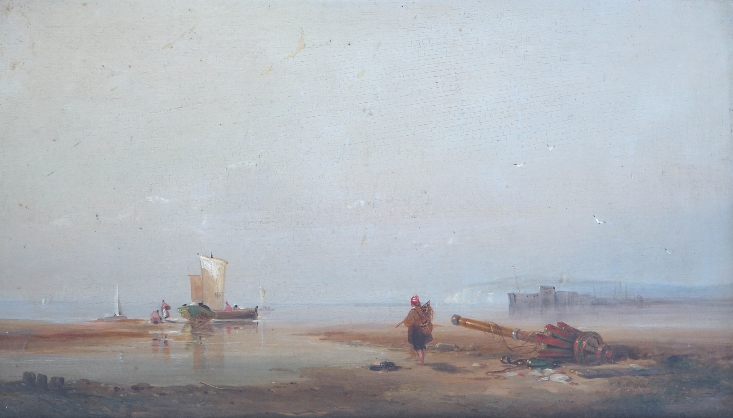 Circle of Richard Parkes Bonington (English, 1802–1828), Fisherfolk on the shore at low tide, oil on wooden panel, 28 x 46cm